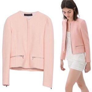 Zara Blush Pink Tweed Zip Front & Sleeves Cropped Blazer - L